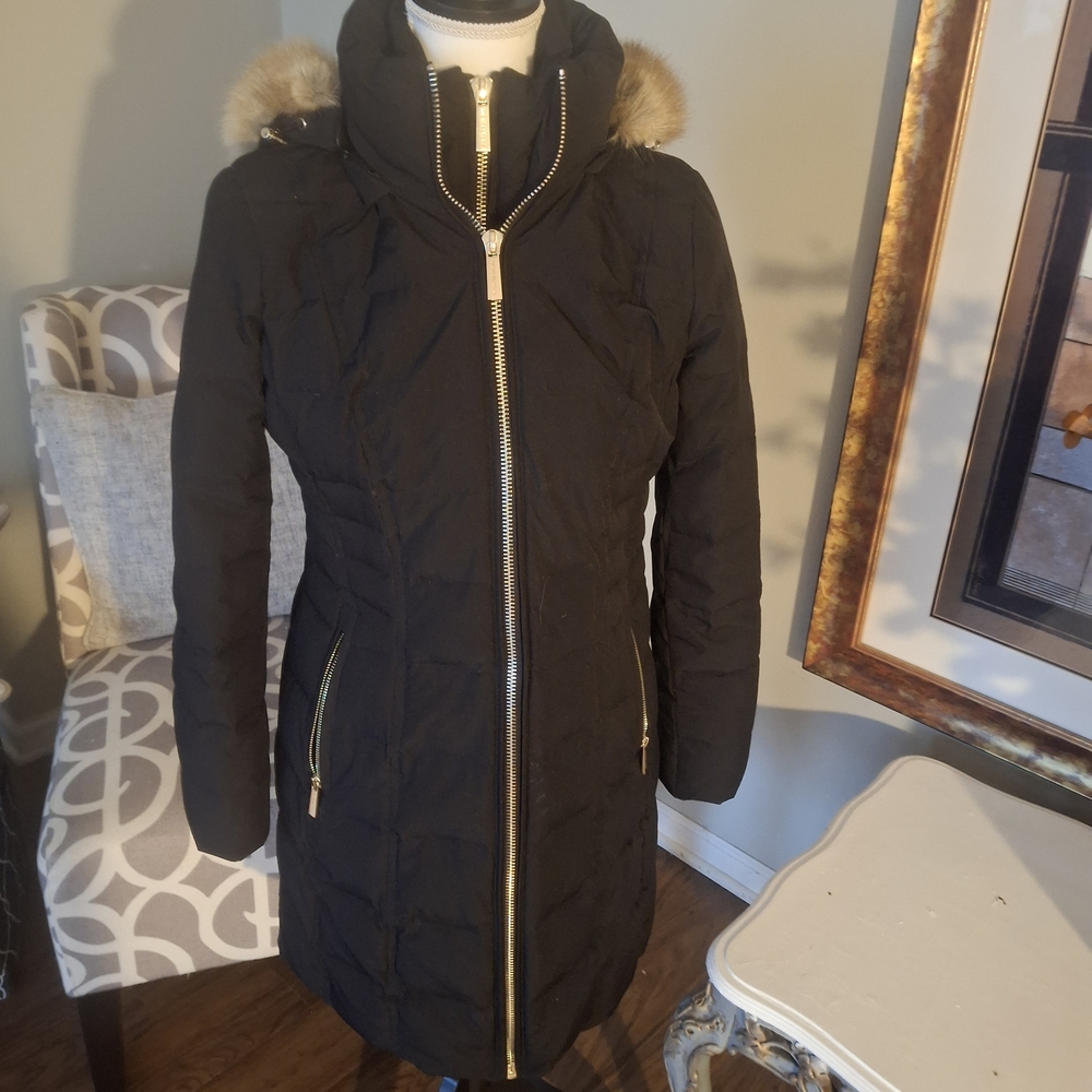 Michael Kors Collection Black Puffer Coat with Fur Hood